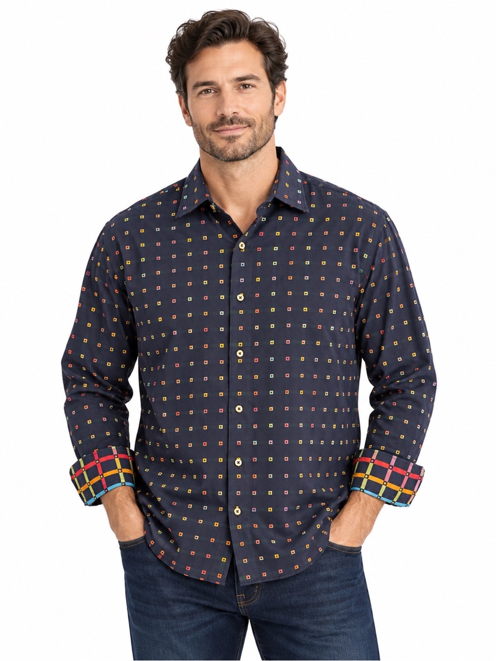 Visconti Black Men’s XL Geometric Cotton Button Down Shirt Contrast Cuffs